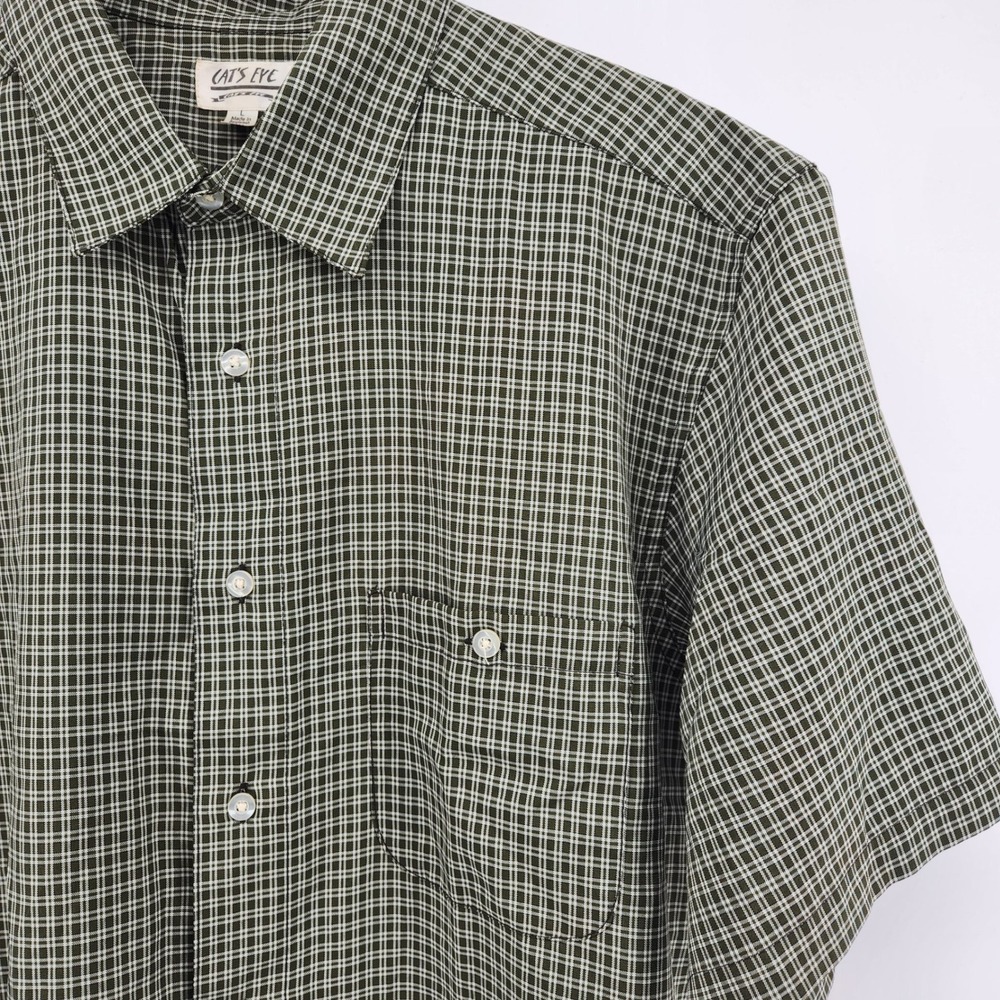 Cat's Eye Men's Short Sleeve Collared Button Up Shirt Green‎ Plaid Size L